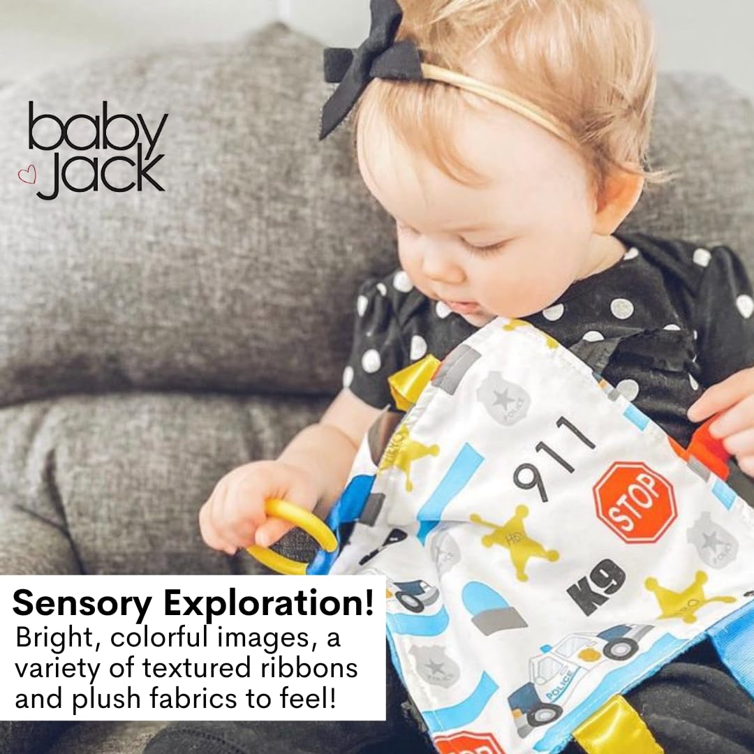 The Learning Lovey police blue line lovey attaches to strollers for on-the-go play.