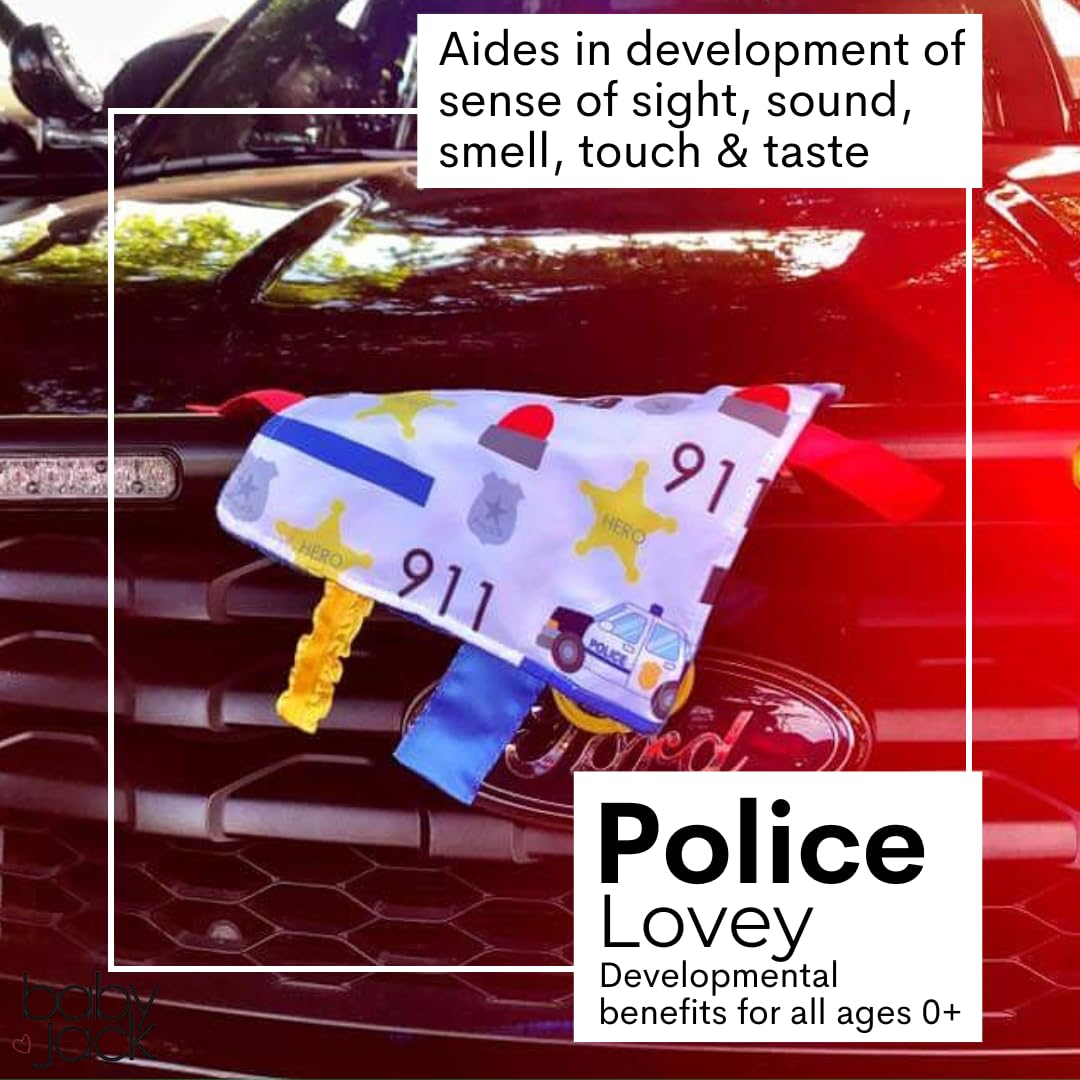 The Learning Lovey police blue line lovey invites sensory play with textures.