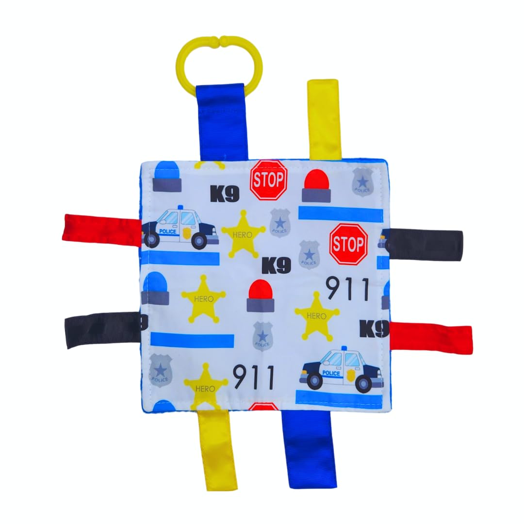 The Learning Lovey police blue line lovey crinkle toy promotes tactile exploration.