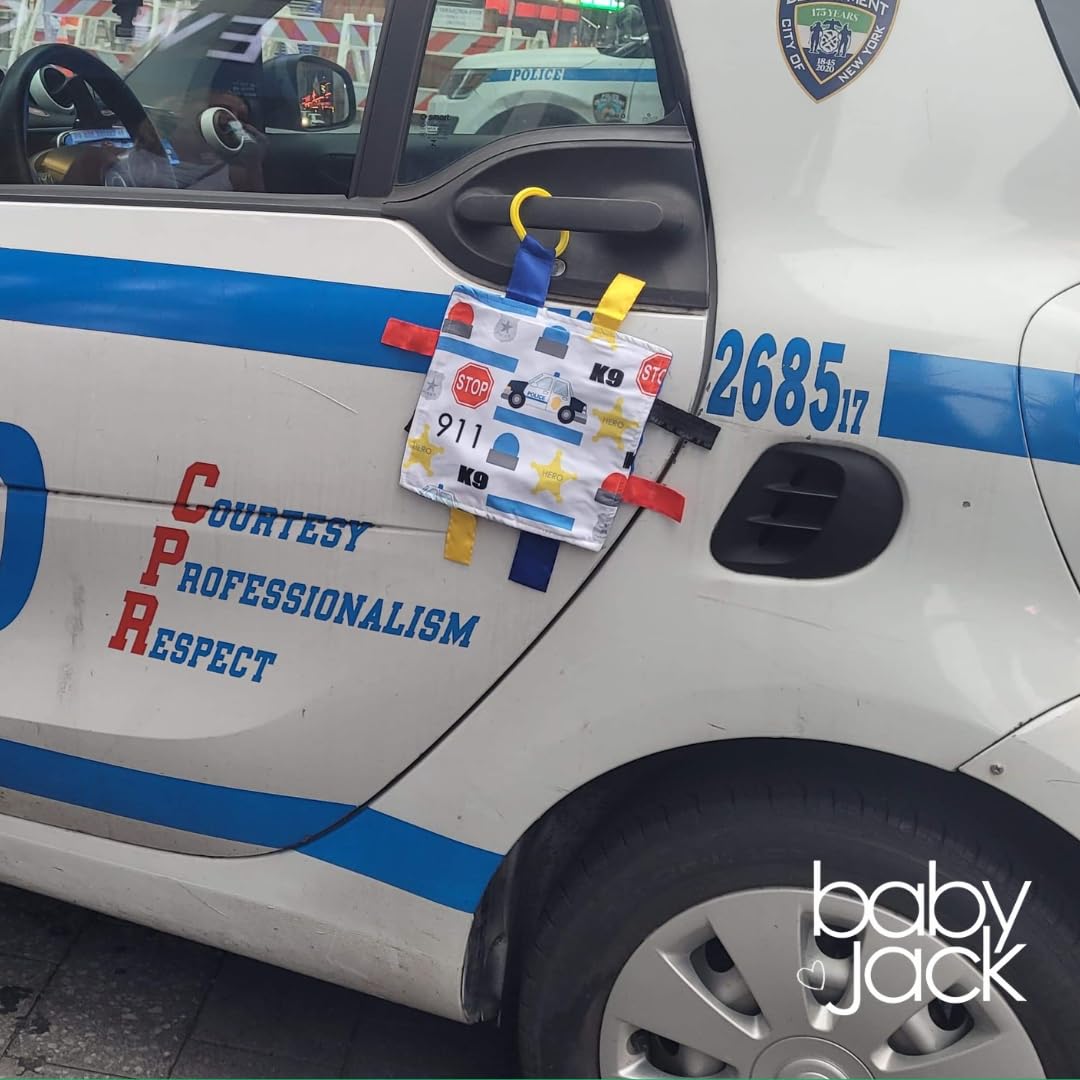 The Learning Lovey police blue line lovey travel-friendly with clip attachment.