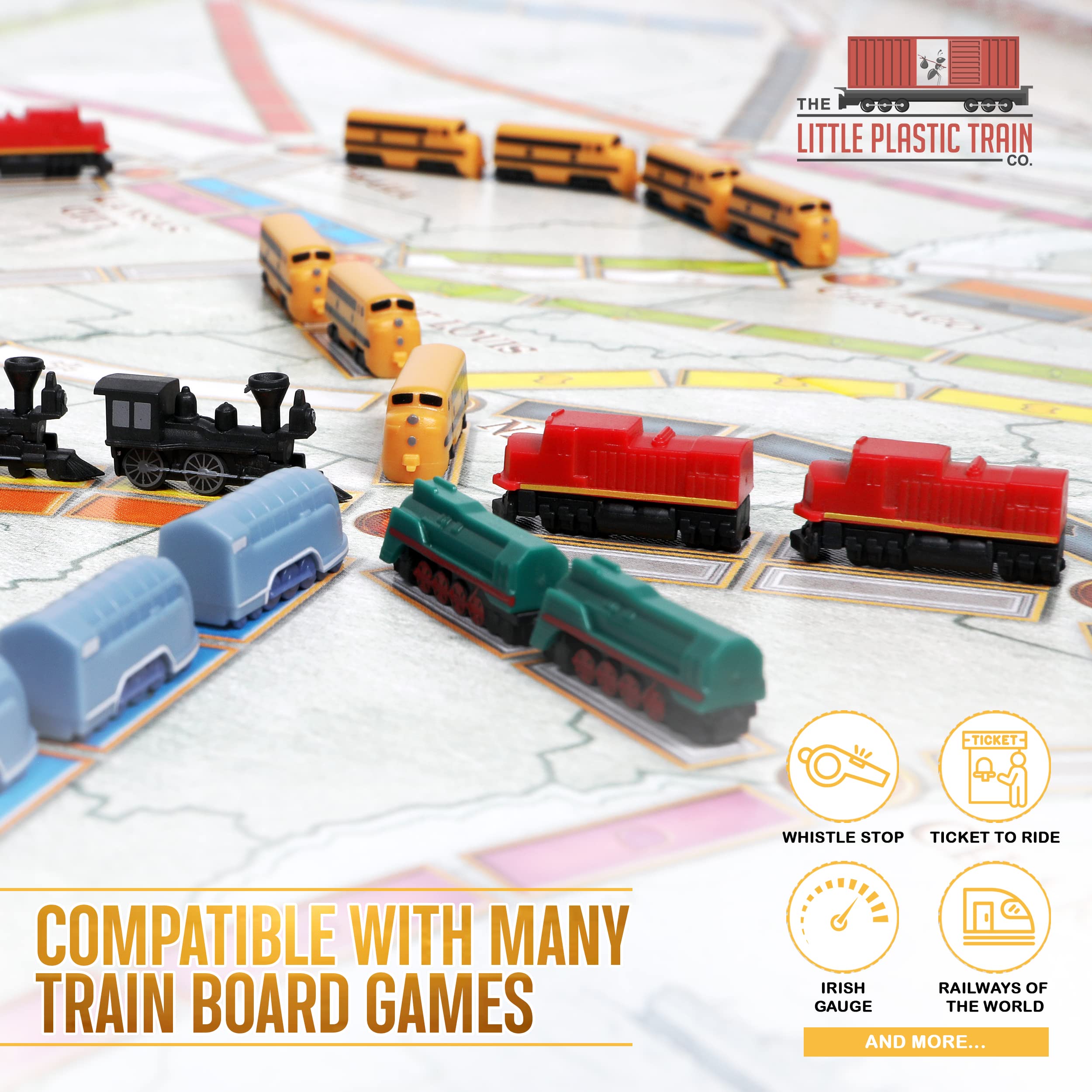 The Little Plastic Train Co. Hornet Deluxe trains laid out on the board for quick setup.