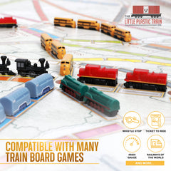 The Little Plastic Train Co. Hornet Deluxe trains laid out on the board for quick setup.