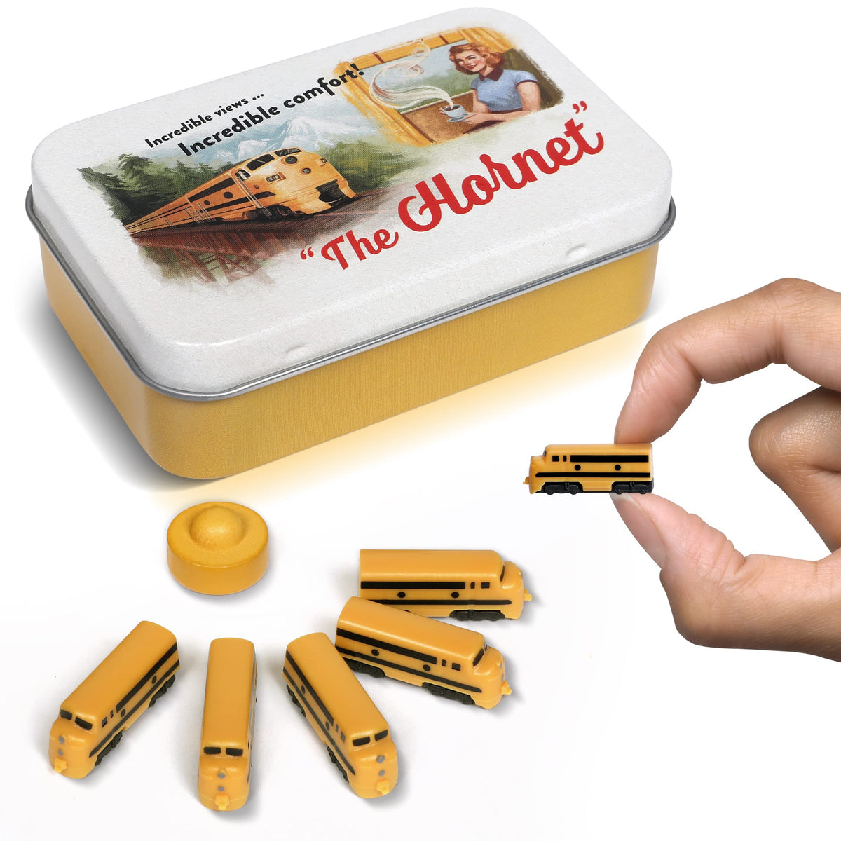 The Little Plastic Train Co. Hornet Deluxe yellow trains ready for family game night.