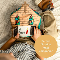 The Little Rose Shop Catholic Mass Quiet Book pages with interactive activities to keep kids engaged.
