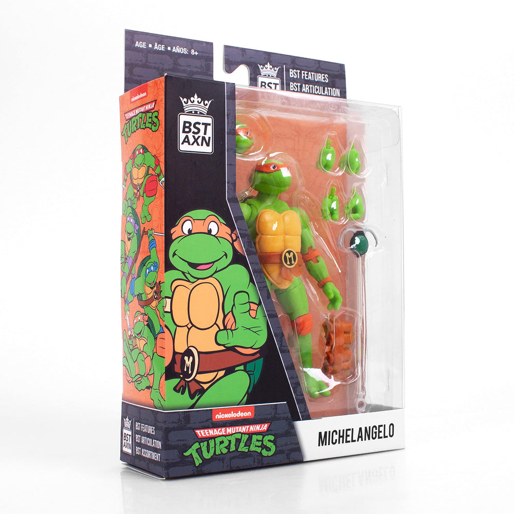 The Loyal Subjects Michelangelo accessories include nunchaku and grappling hook for authentic play.