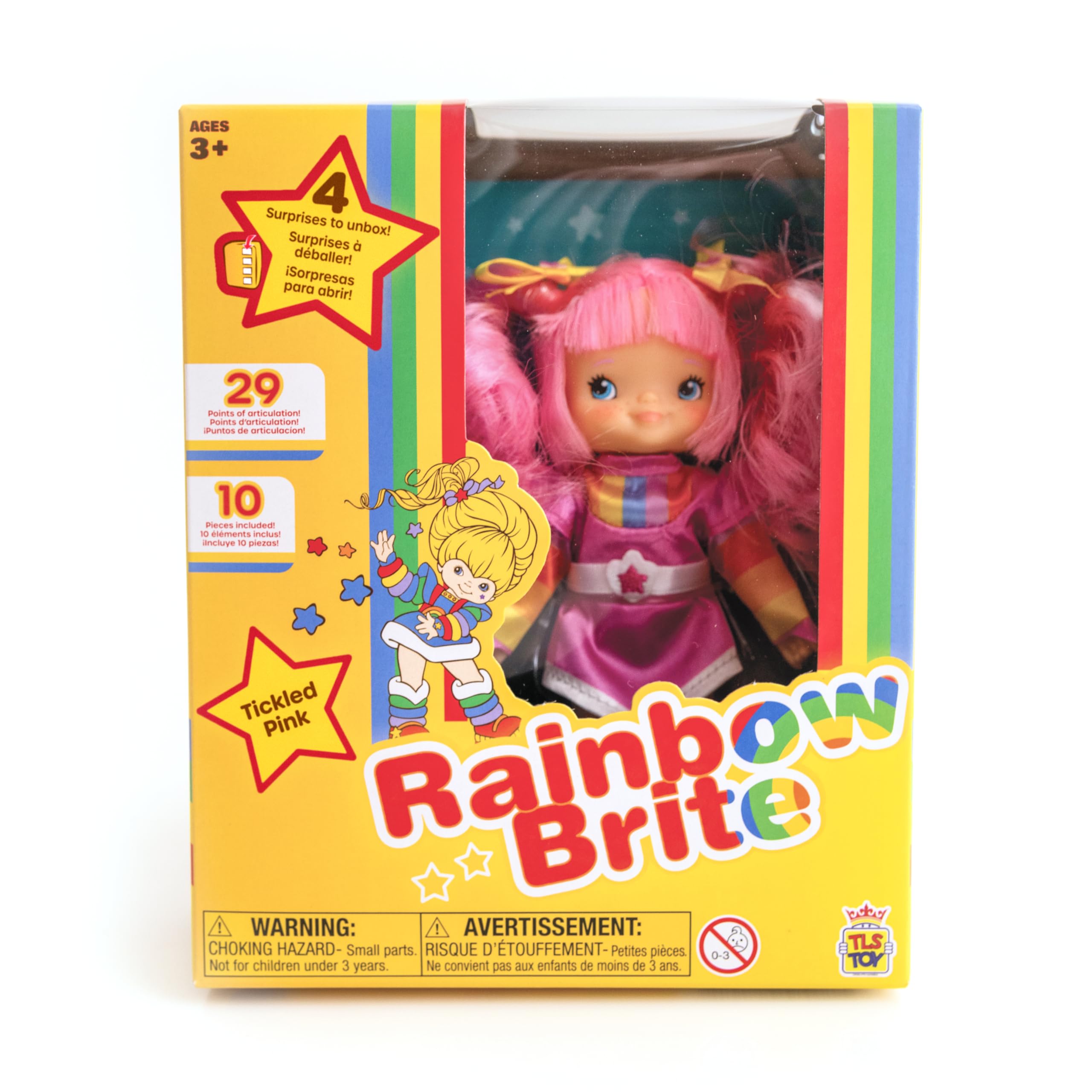 The Loyal Subjects Rainbow Brite Tickled Pink packaging displays yellow gift box.