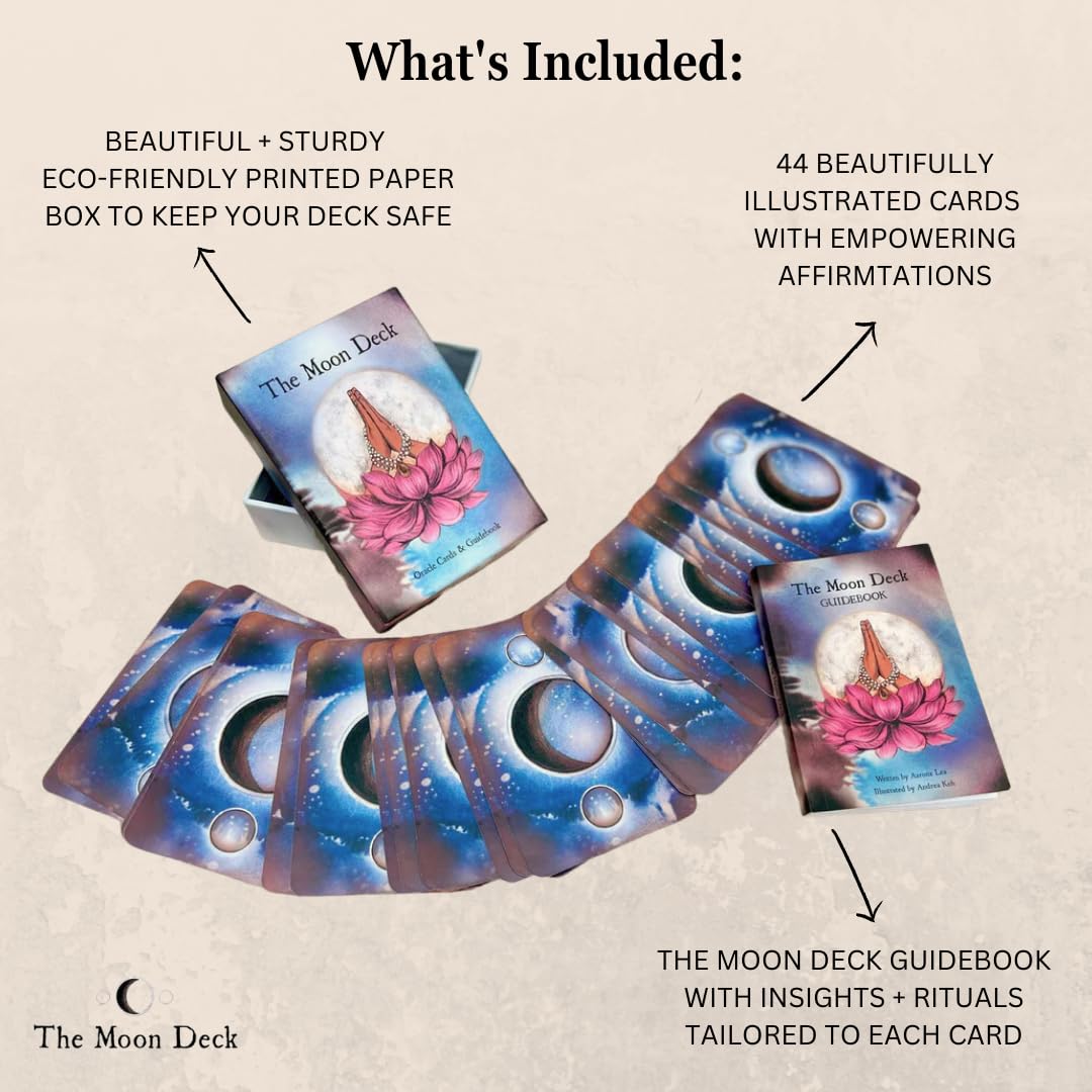 The Moon Deck guidebook open, showing rituals for emotional balance