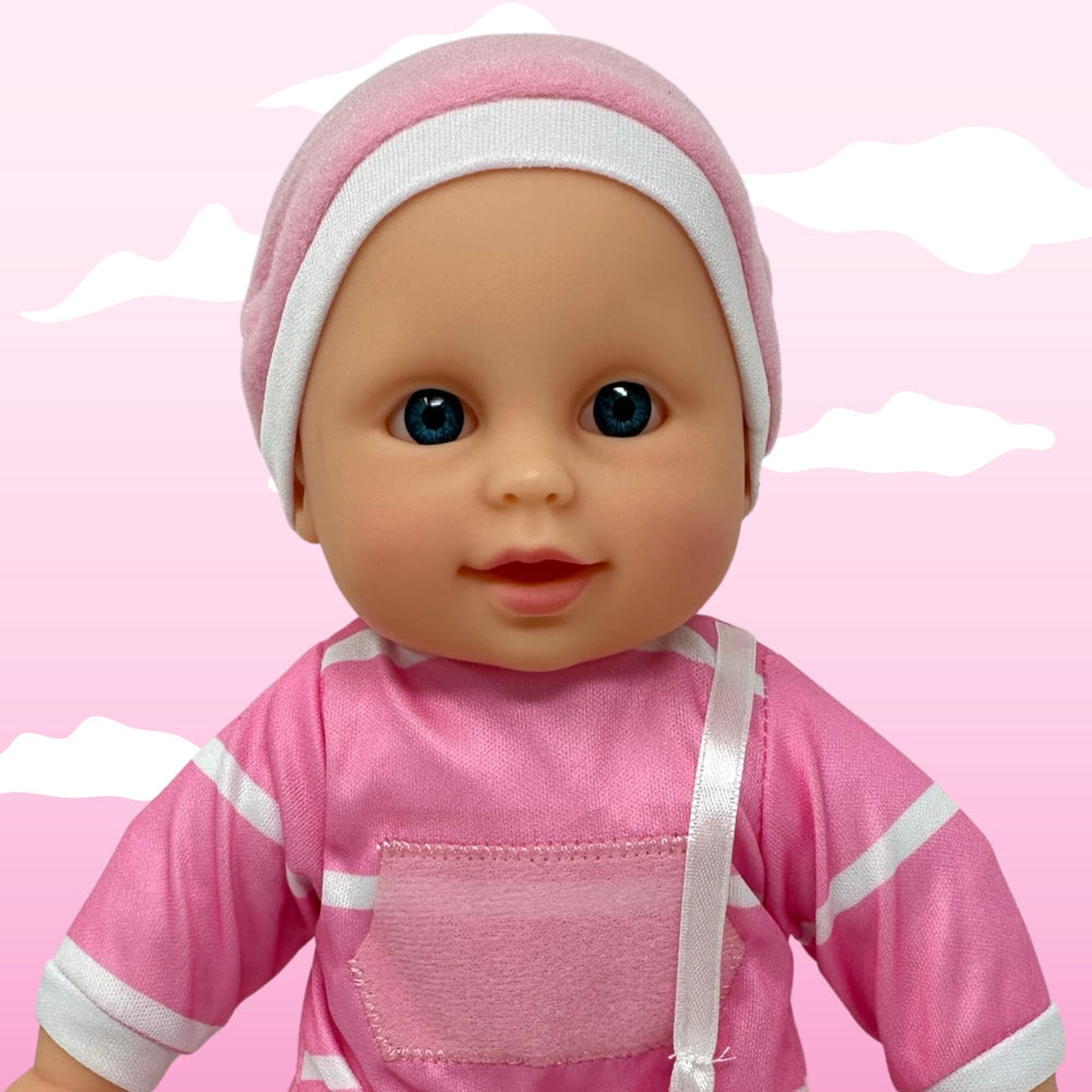 Polka striped onesie and matching hat on The New York Doll Collection 11in doll.