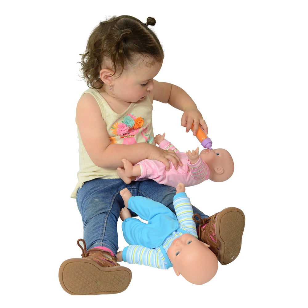 The New York Doll Collection 12-inch twin dolls in a hug, easy for small hands