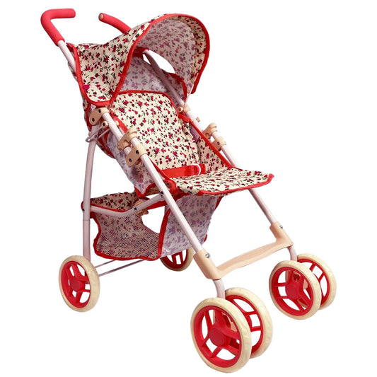 The New York Doll Collection 28in stroller with coral floral print for stylish doll walks.