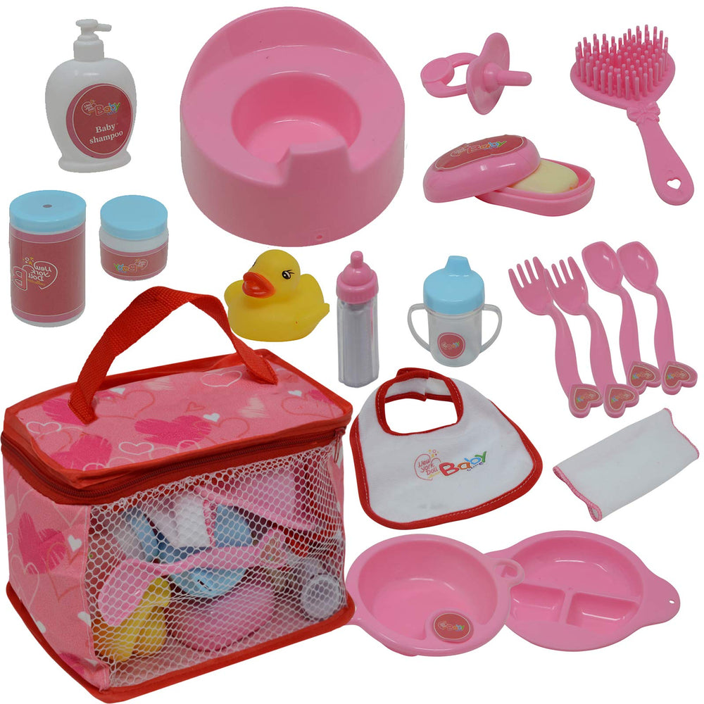 The New York Doll Collection feeding set inside a zippered case, perfect for pretend meals.
