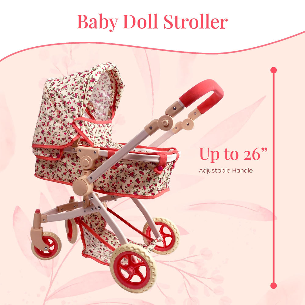 The New York Doll Collection stroller bottom storage basket keeps doll accessories organized.