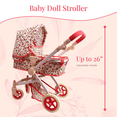 The New York Doll Collection stroller bottom storage basket keeps doll accessories organized.