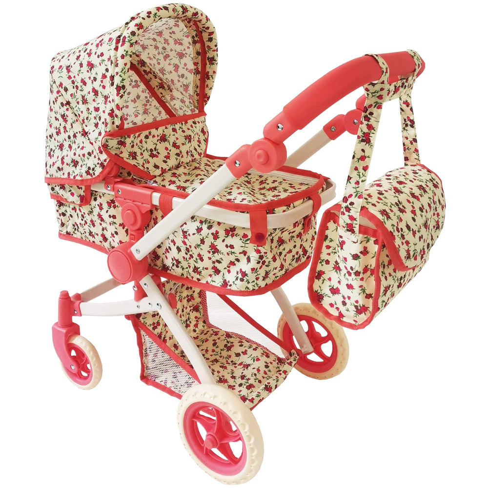 The New York Doll Collection convertible bassinet stroller in red for versatile doll play at home.