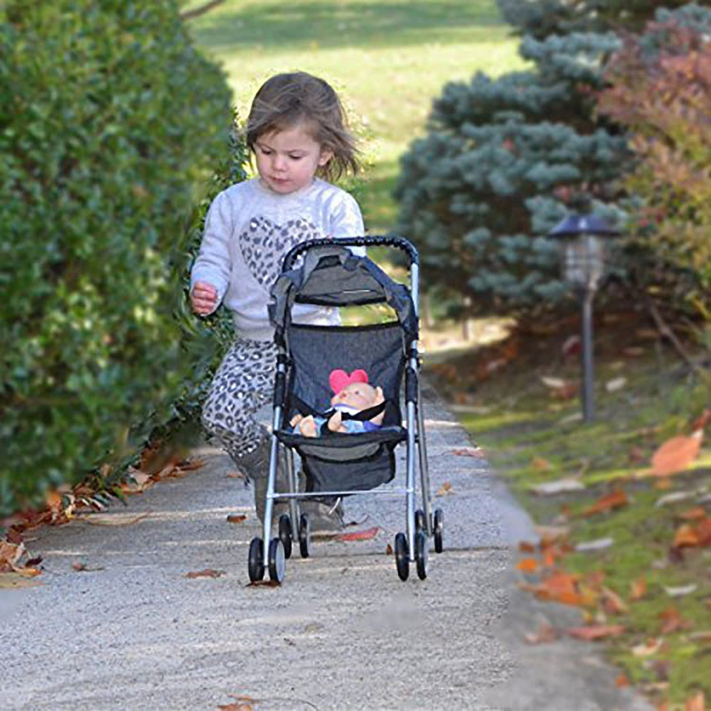 The New York Doll Collection denim stroller basket for accessories and mini items.