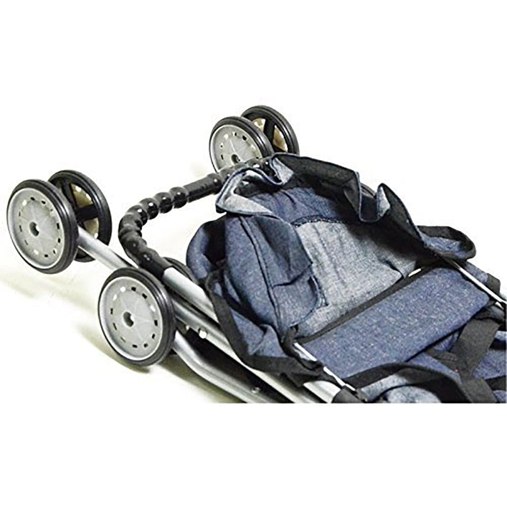 The New York Doll Collection denim stroller dimensions showing size for 18-inch dolls.