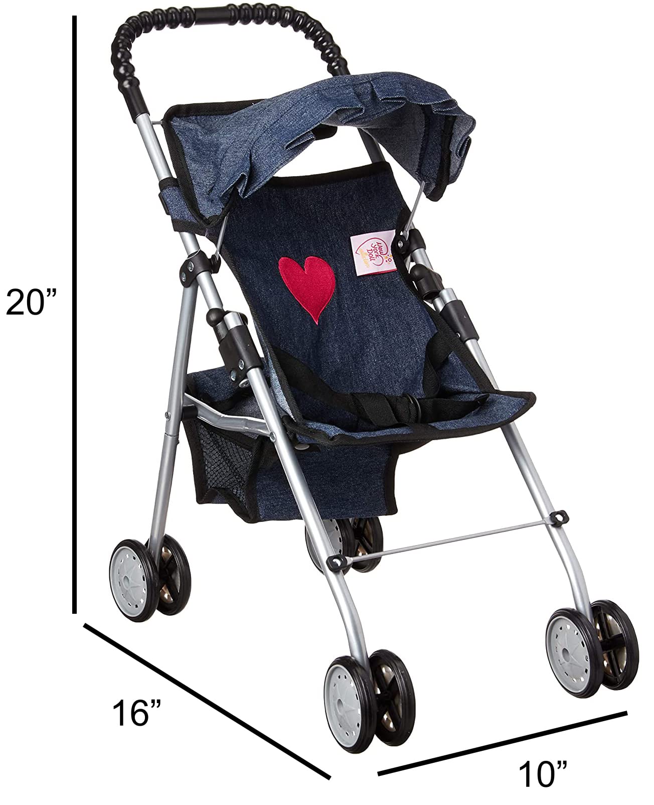 The New York Doll Collection denim stroller folded for compact storage.