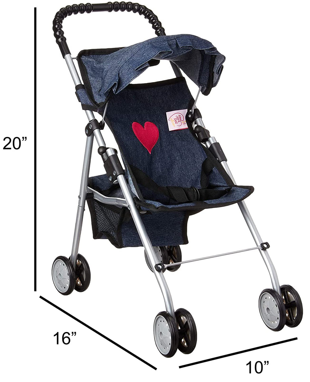 The New York Doll Collection denim stroller folded for compact storage.