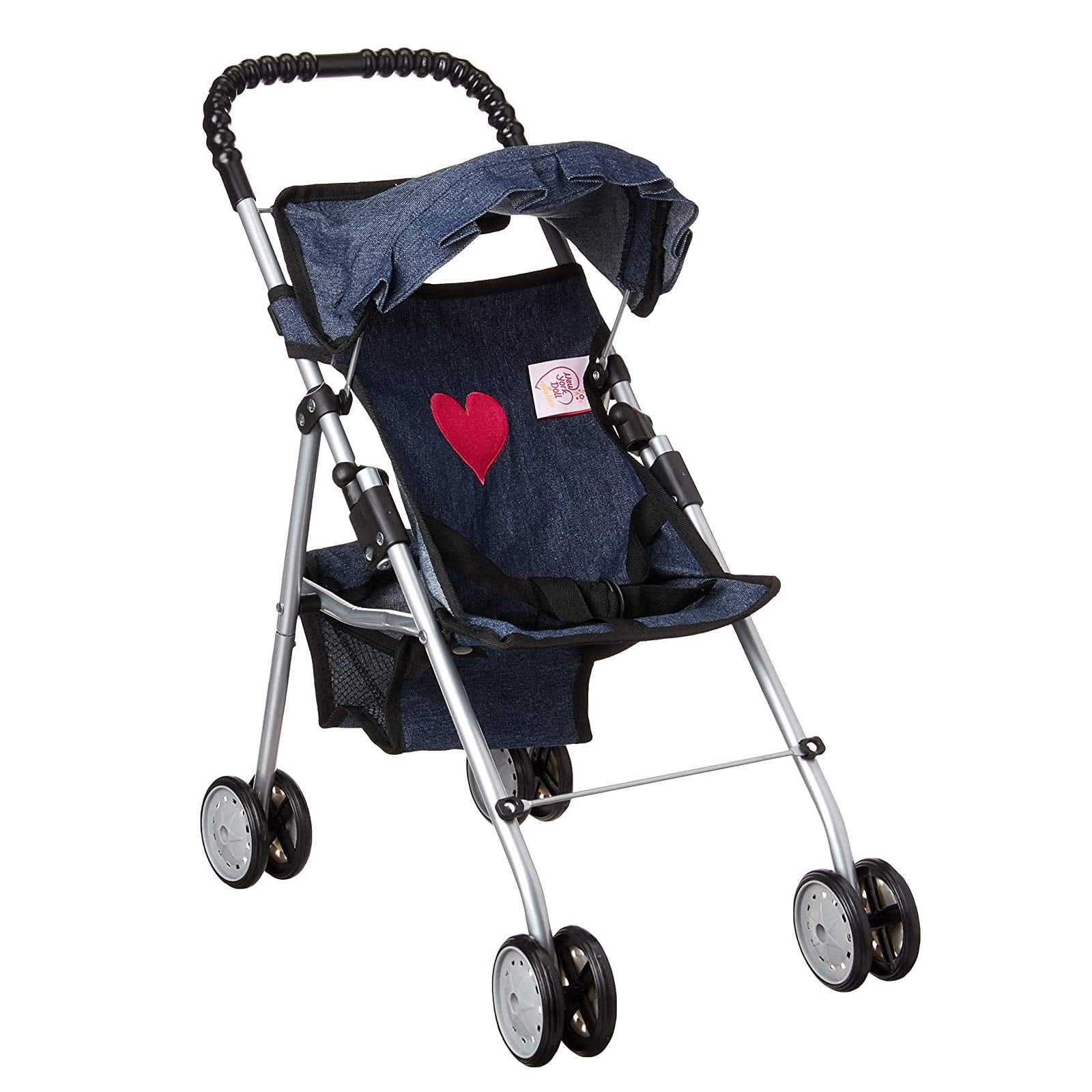 The New York Doll Collection denim stroller hood for baby dolls, providing sun protection during play.