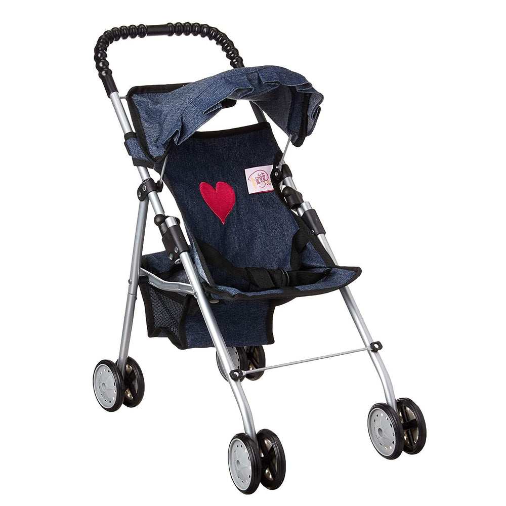 The New York Doll Collection denim stroller hood for baby dolls, providing sun protection during play.