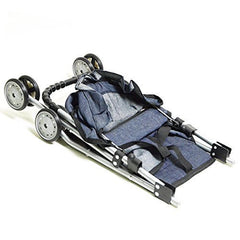 The New York Doll Collection denim stroller with seatbelt for doll safety during pretend trips.