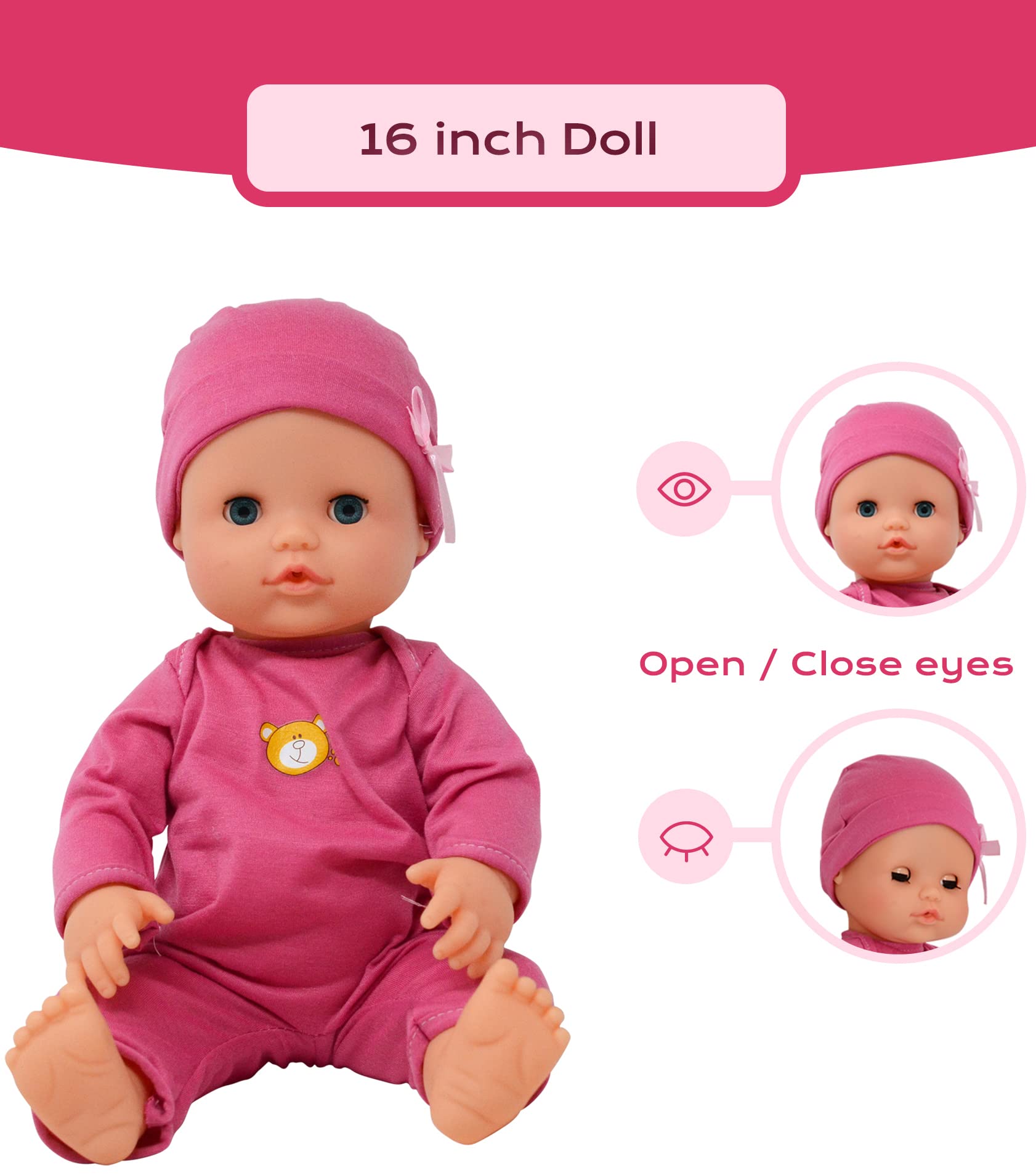 The New York Doll Collection doll with open and sleeping eyes invites comforting play.