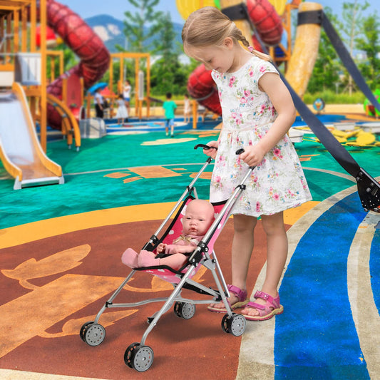 The New York Doll Collection stroller open for immediate play and easy maneuverability.
