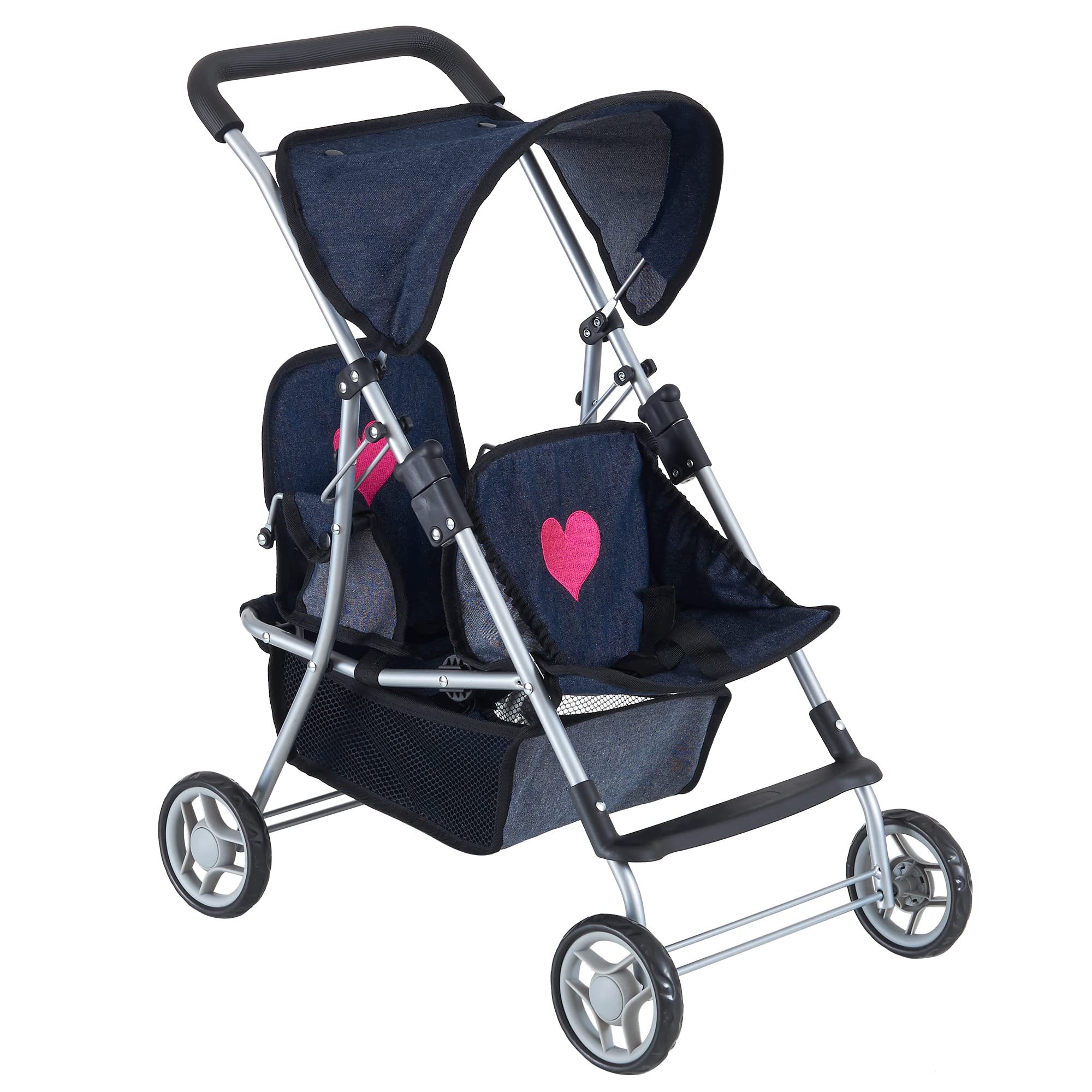 The New York Doll Collection twin stroller in navy denim offers durable twin playtime