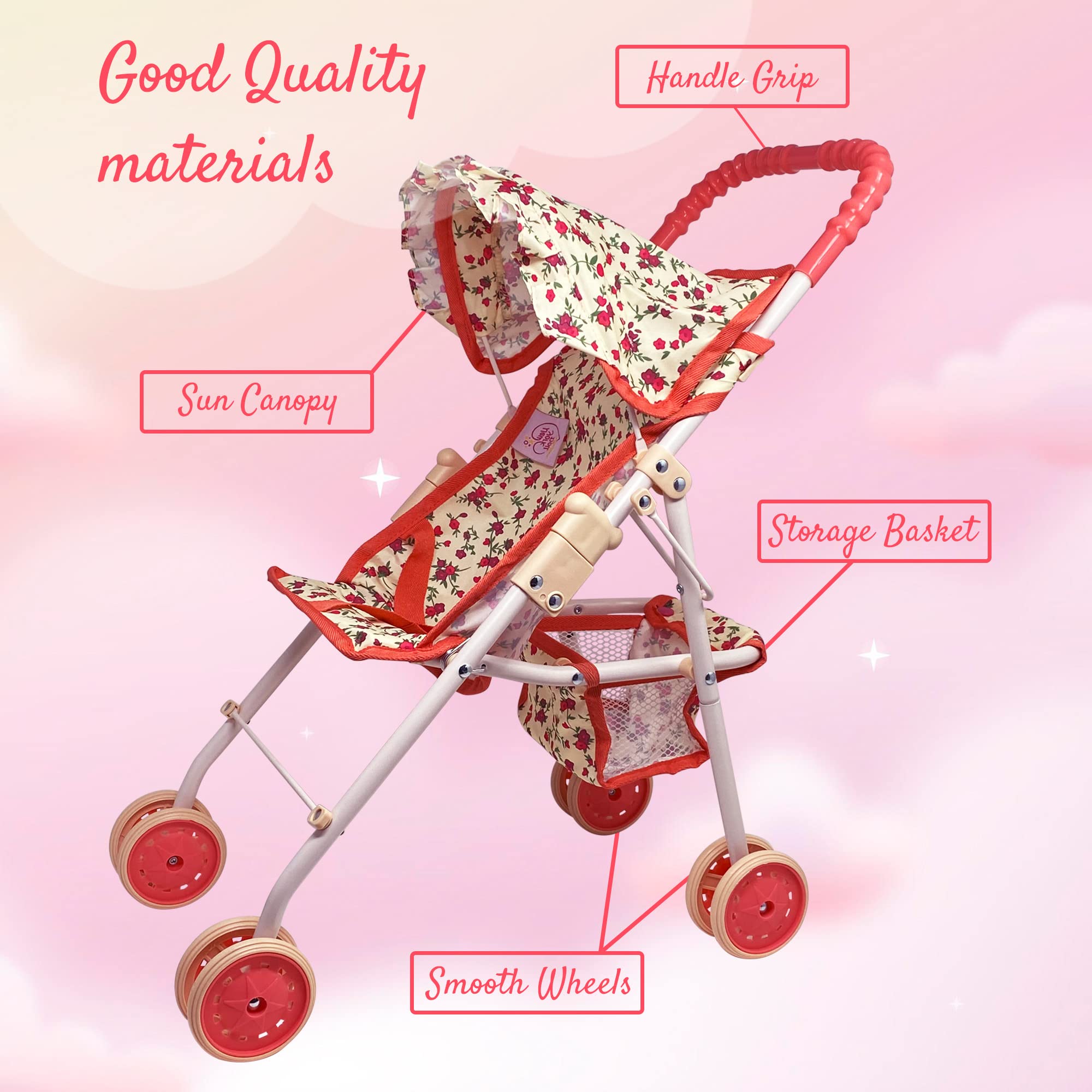 Bottom storage basket helps carry accessories and small toys during playtime.