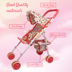 Bottom storage basket helps carry accessories and small toys during playtime.