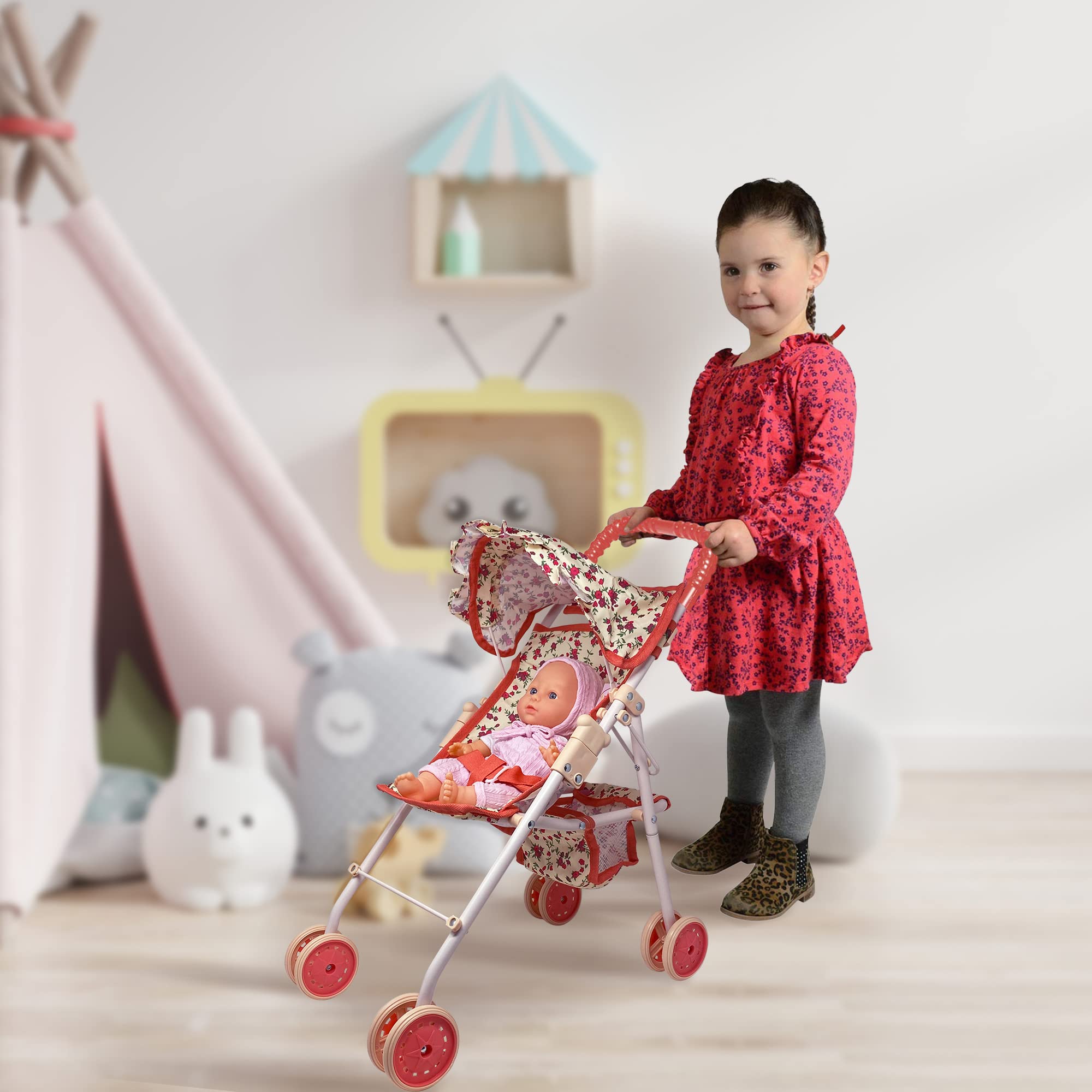 My First Baby Doll Stroller canopy provides shade for outdoor pretend play adventures.