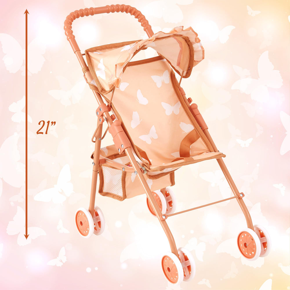 The New York Doll Collection My First Baby Doll Stroller beige butterfly print adds charm to playtime