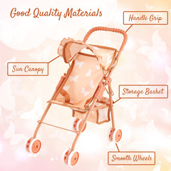 The New York Doll Collection stroller bottom basket carries doll accessories