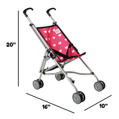 The New York Doll Collection pink hearts stroller with seatbelt for safe, stylish pretend play.