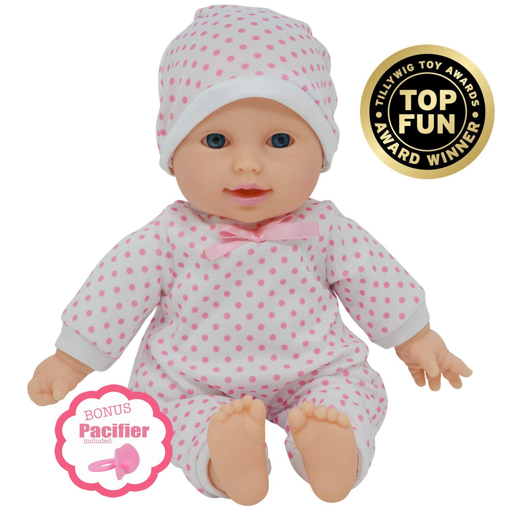 The New York Doll Collection polka-dotted onesie doll for imaginative storytelling