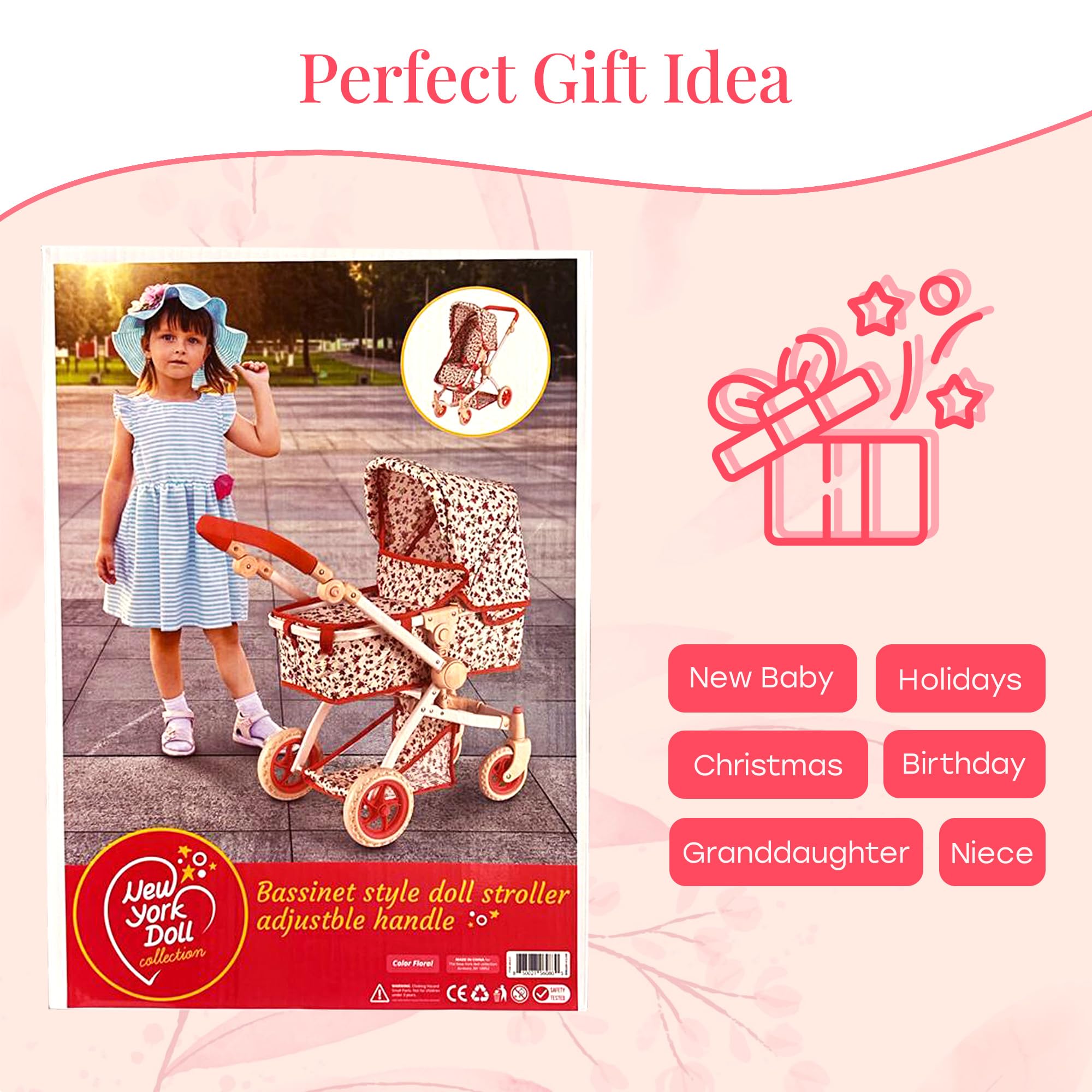 The New York Doll Collection retractable sun canopy shields dolls from glare during outdoor play.