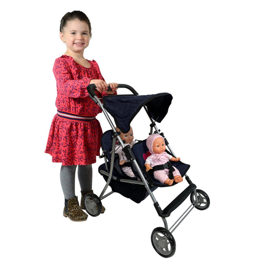 The New York Doll Collection twin stroller with pink hearts detail supports stylish pretend play
