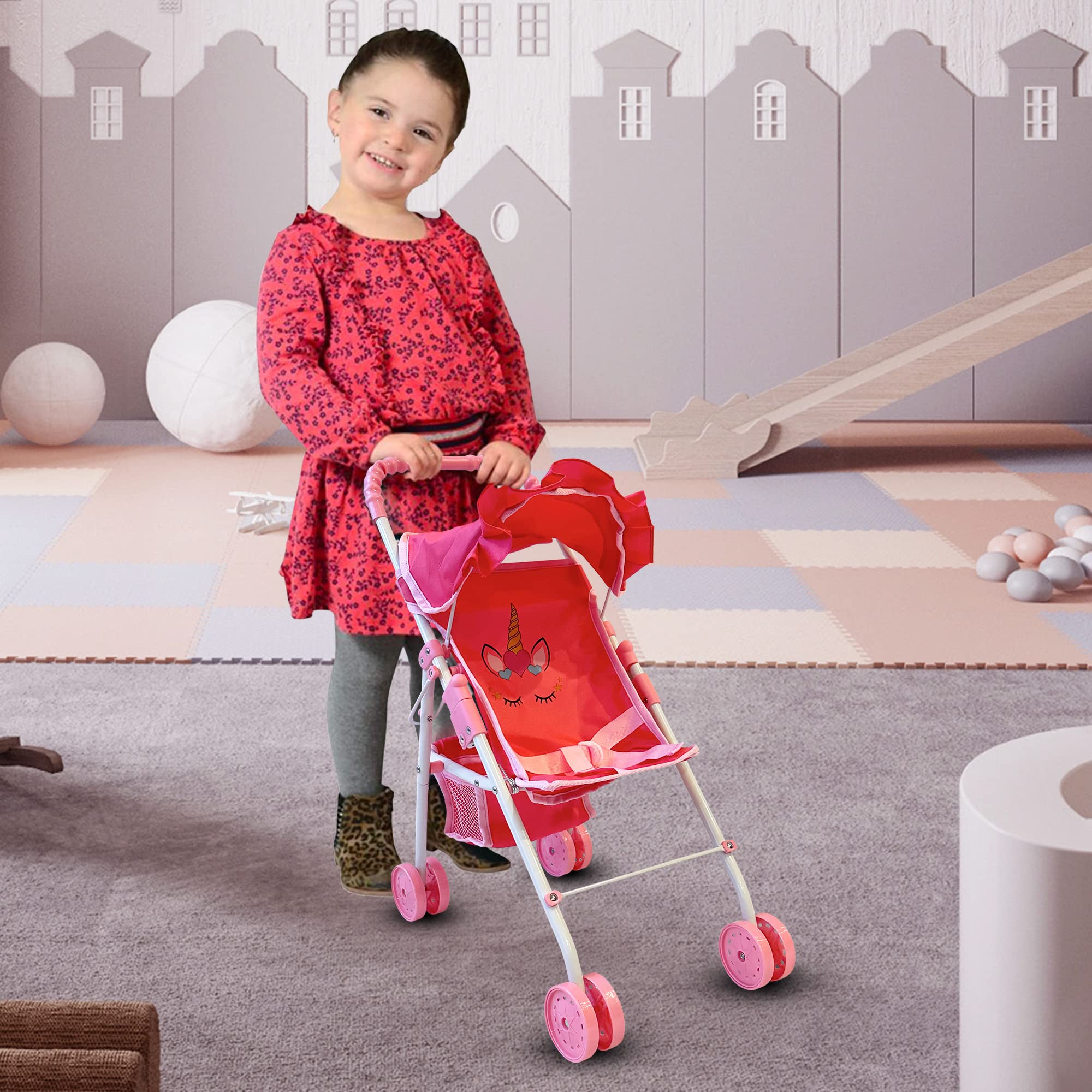 The New York Doll Collection under-seat storage basket holds toys and accessories