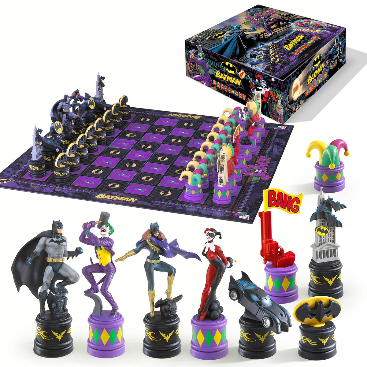 The Noble Collection Batman chess set board with bold black and purple design for dramatic games.