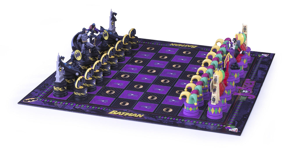 The Noble Collection Batman chess set full display highlighting premium licensed design.