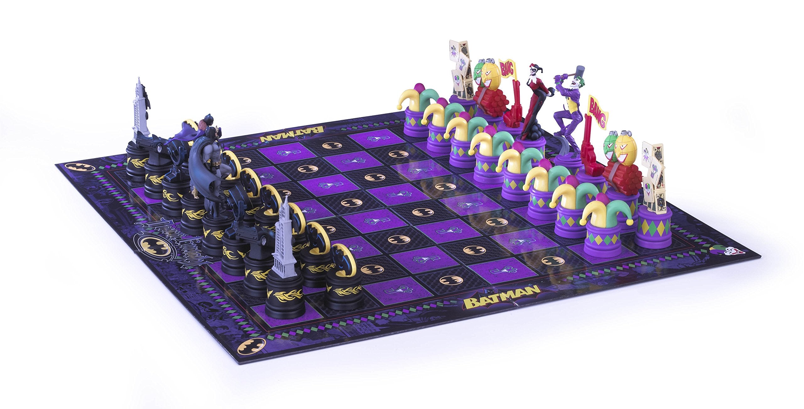 The Noble Collection Batman chess set Joker cards add thematic twists for engaging gameplay.