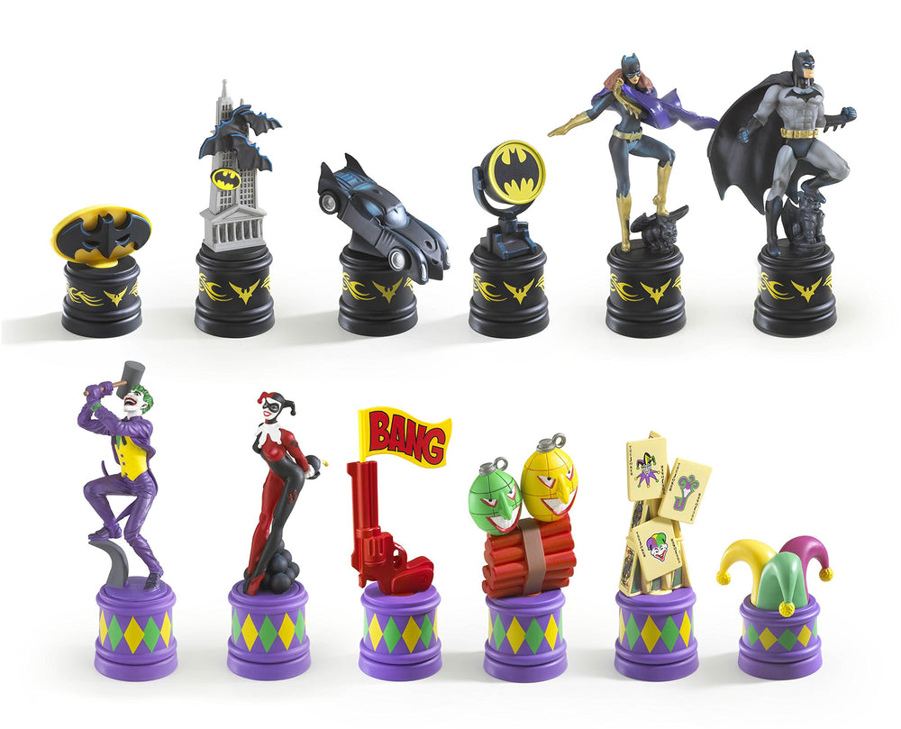 The Noble Collection Batman chess set board shows Bat-Symbols and Joker Symbols for theme.