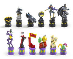 The Noble Collection Batman chess set board shows Bat-Symbols and Joker Symbols for theme.