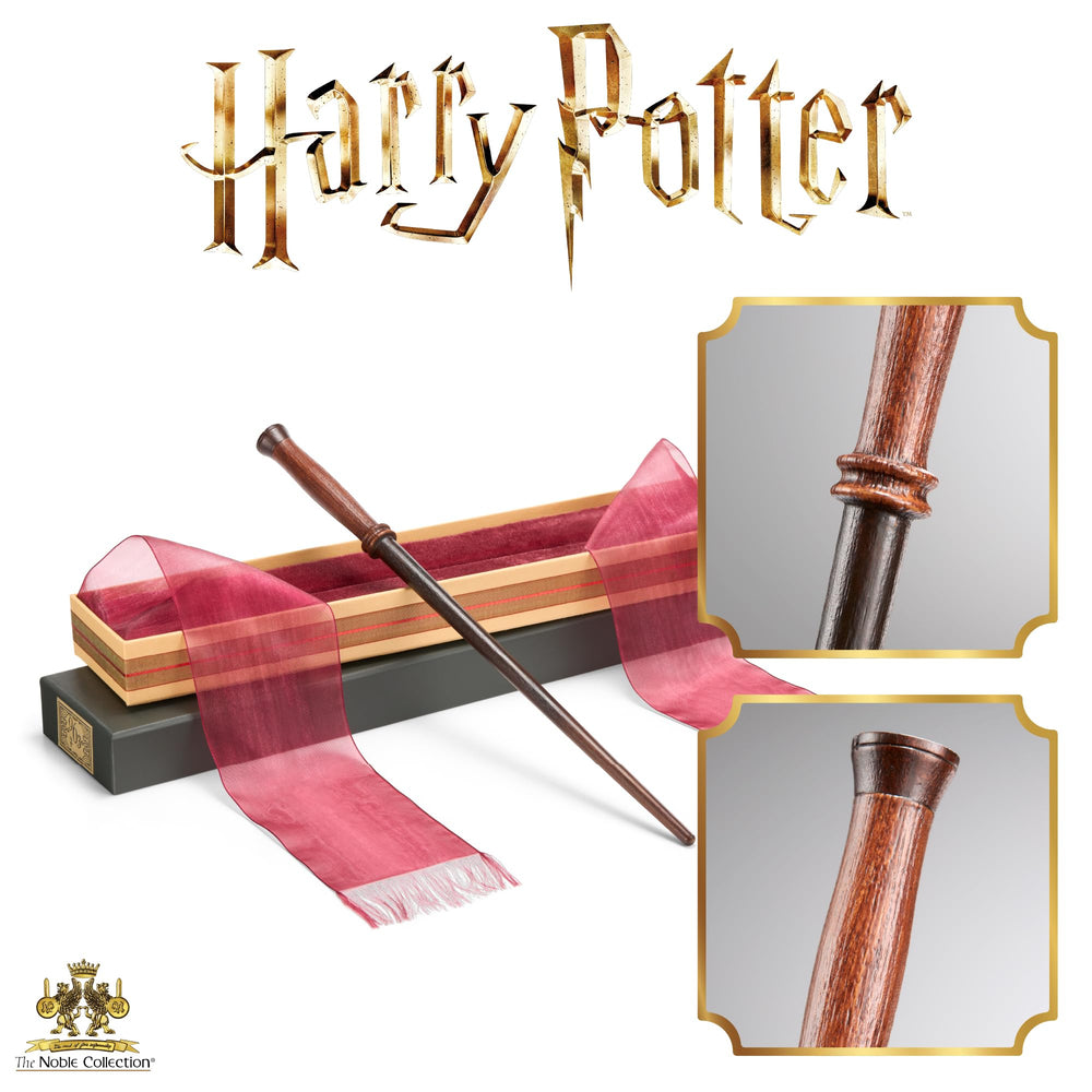 The Noble Collection wand on a shelf for fan collection starter.