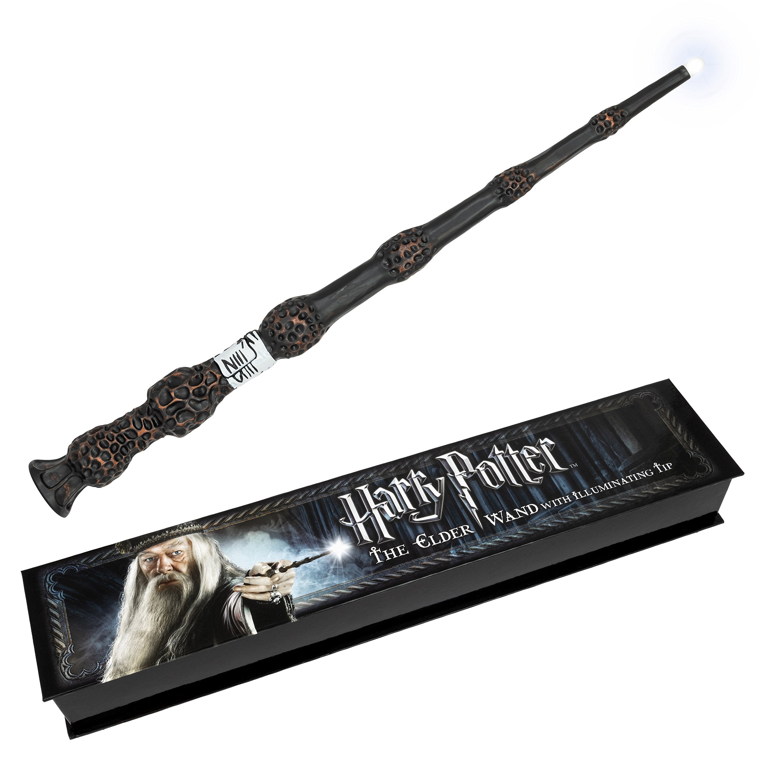 The Noble Collection Elder Wand illuminated tip shown for display.