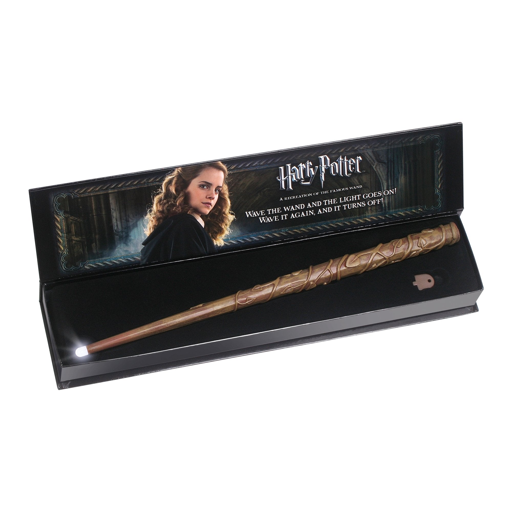 The Noble Collection Hermione Wand closeup reveals wood grain and craftsmanship