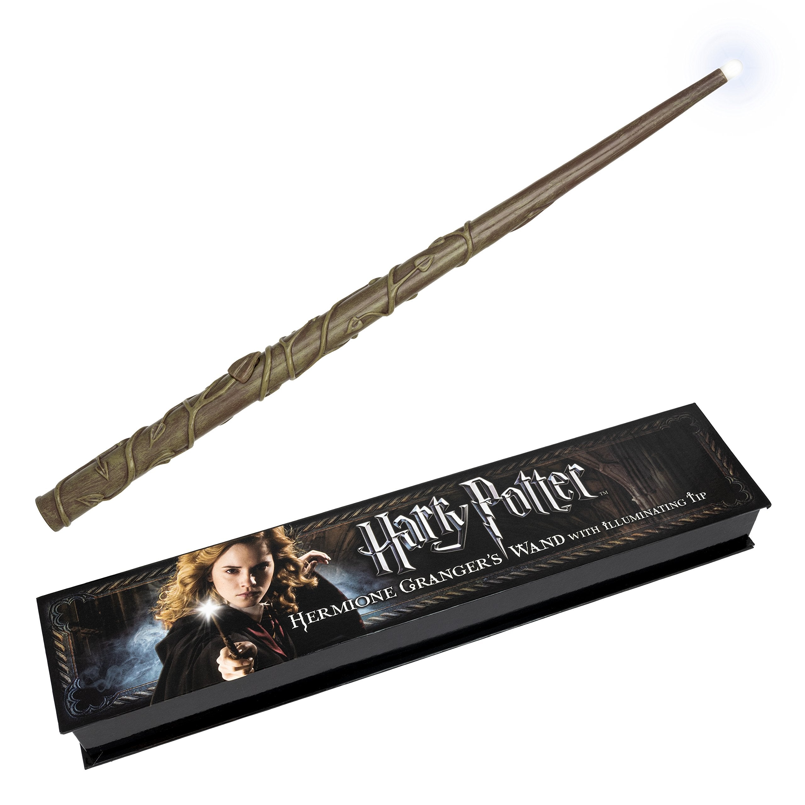 The Noble Collection Hermione Wand lit in motion creating magical ambience