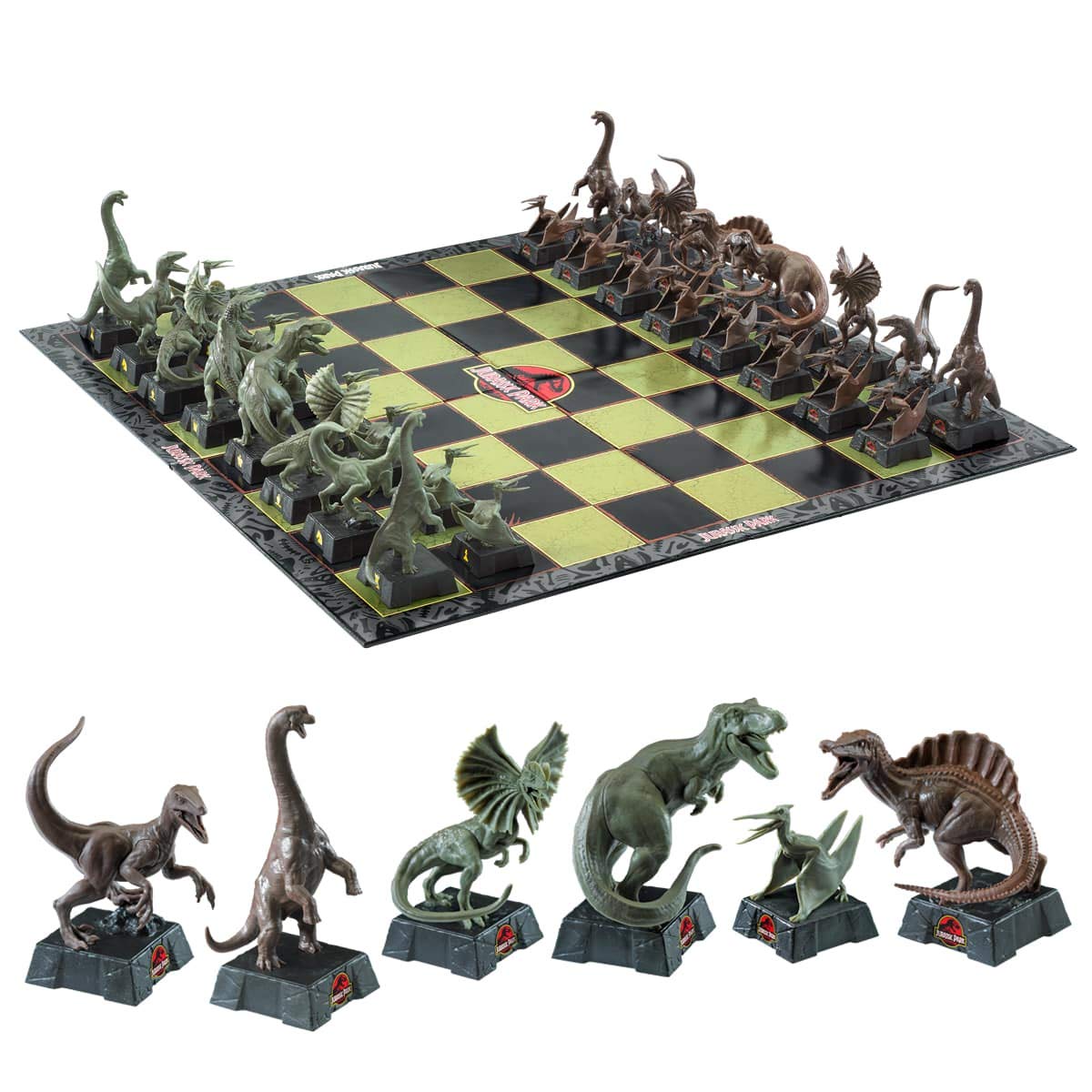 The Noble Collection Jurassic Park chess set on a stone-textured board for dramatic gameplay.