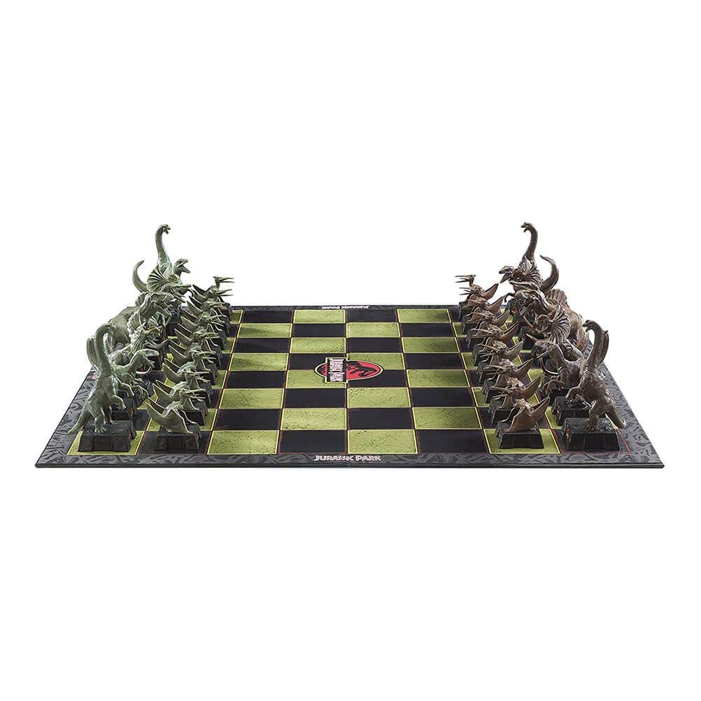 The Noble Collection Jurassic Park chess set carries an officially licensed design for collectors.