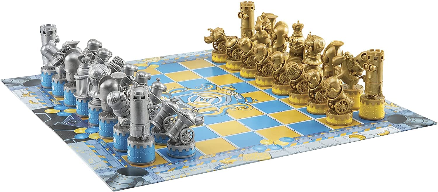 The Noble Collection Minions Chess Set board view highlights a bold, colorful playing surface.